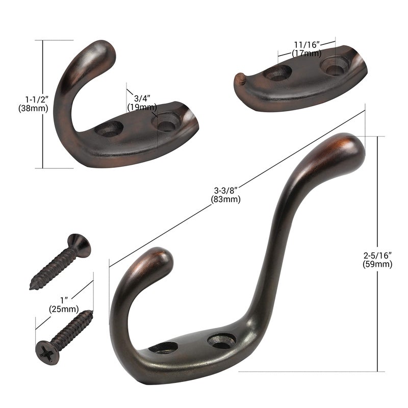 Rok 2 Pack Hardware Heavy Duty Oil-Rubbed Bronze Home Wall Closet Towel Robe Coat Double Hook Hanger - Image 2